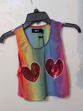 Iron Fist Rainbow Tank Top with Pink Sequin Hearts